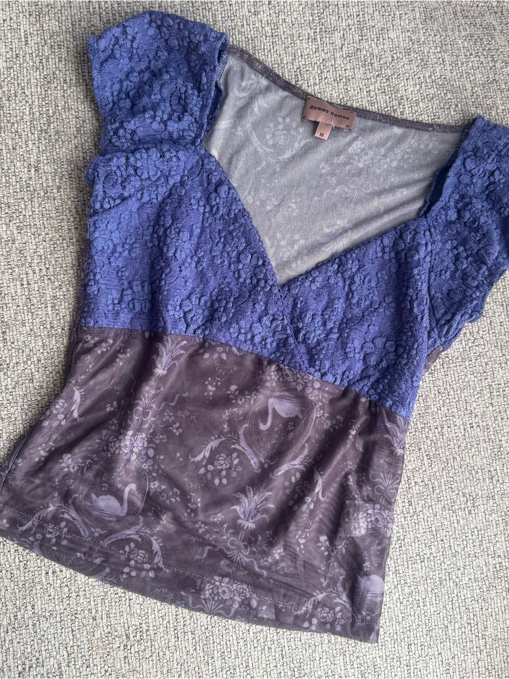 Purple Lace and Printed V-Neck Blouse